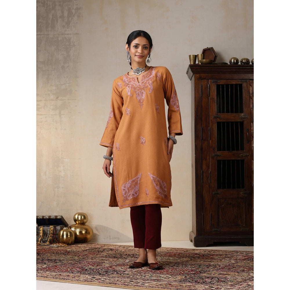 House of Chikankari Threadwork Embroidered Woollen Solid Long Kurta Rust