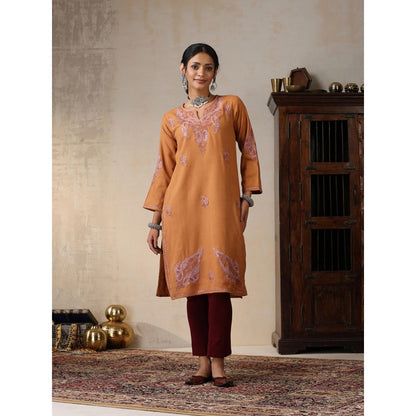 House of Chikankari Threadwork Embroidered Woollen Solid Long Kurta Rust