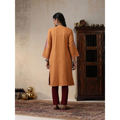 House of Chikankari Threadwork Embroidered Woollen Solid Long Kurta Rust