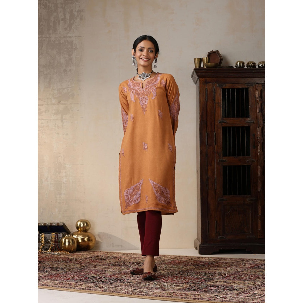 House of Chikankari Threadwork Embroidered Woollen Solid Long Kurta Rust