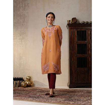House of Chikankari Threadwork Embroidered Woollen Solid Long Kurta Rust