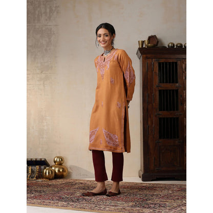 House of Chikankari Threadwork Embroidered Woollen Solid Long Kurta Rust