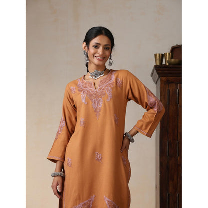 House of Chikankari Threadwork Embroidered Woollen Solid Long Kurta Rust