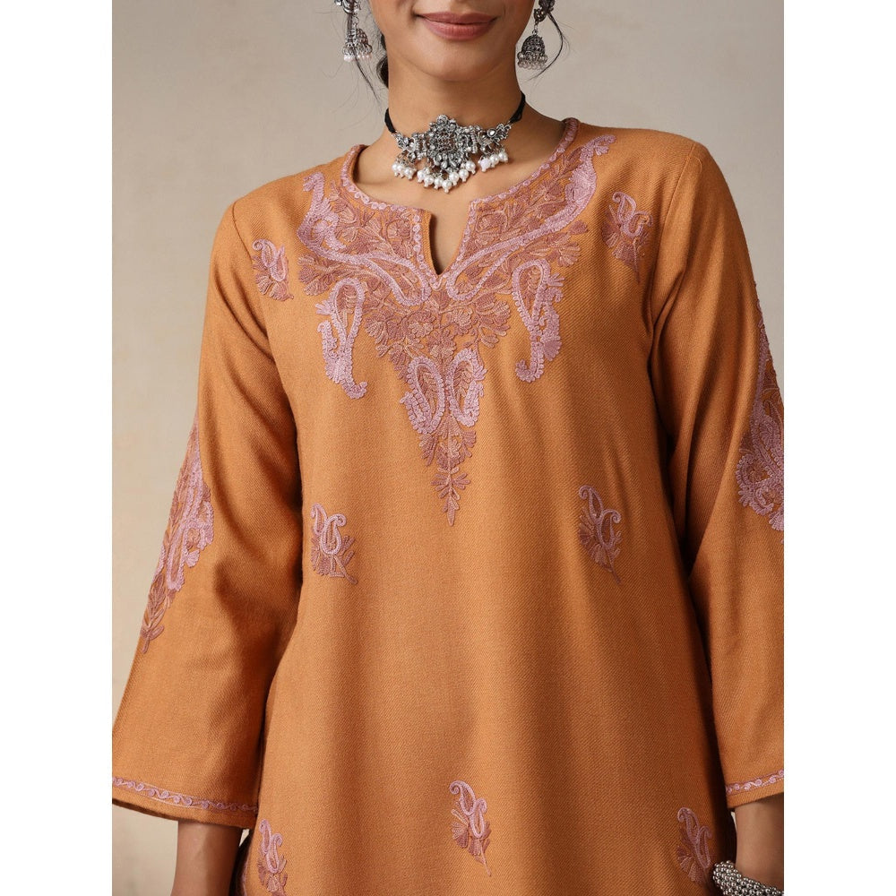 House of Chikankari Threadwork Embroidered Woollen Solid Long Kurta Rust