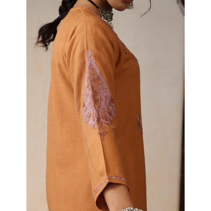 House of Chikankari Threadwork Embroidered Woollen Solid Long Kurta Rust