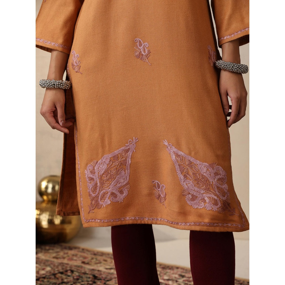 House of Chikankari Threadwork Embroidered Woollen Solid Long Kurta Rust
