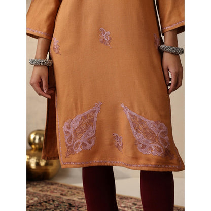 House of Chikankari Threadwork Embroidered Woollen Solid Long Kurta Rust