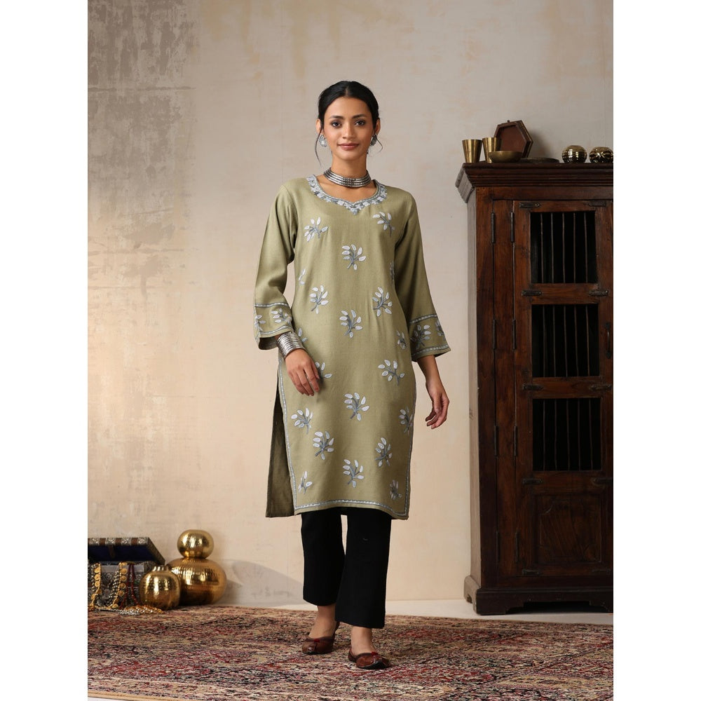 House of Chikankari Threadwork Embroidered Woollen Solid Long Kurta Olive