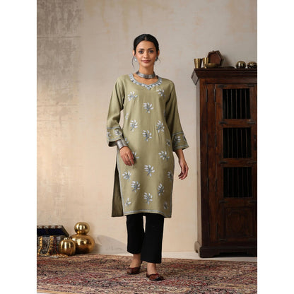 House of Chikankari Threadwork Embroidered Woollen Solid Long Kurta Olive