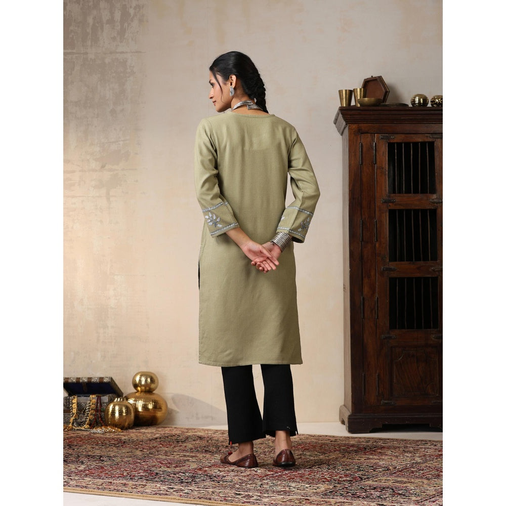 House of Chikankari Threadwork Embroidered Woollen Solid Long Kurta Olive