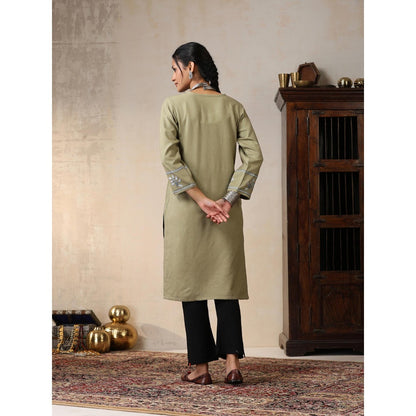 House of Chikankari Threadwork Embroidered Woollen Solid Long Kurta Olive