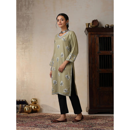 House of Chikankari Threadwork Embroidered Woollen Solid Long Kurta Olive