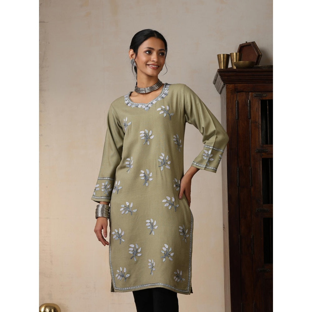 House of Chikankari Threadwork Embroidered Woollen Solid Long Kurta Olive