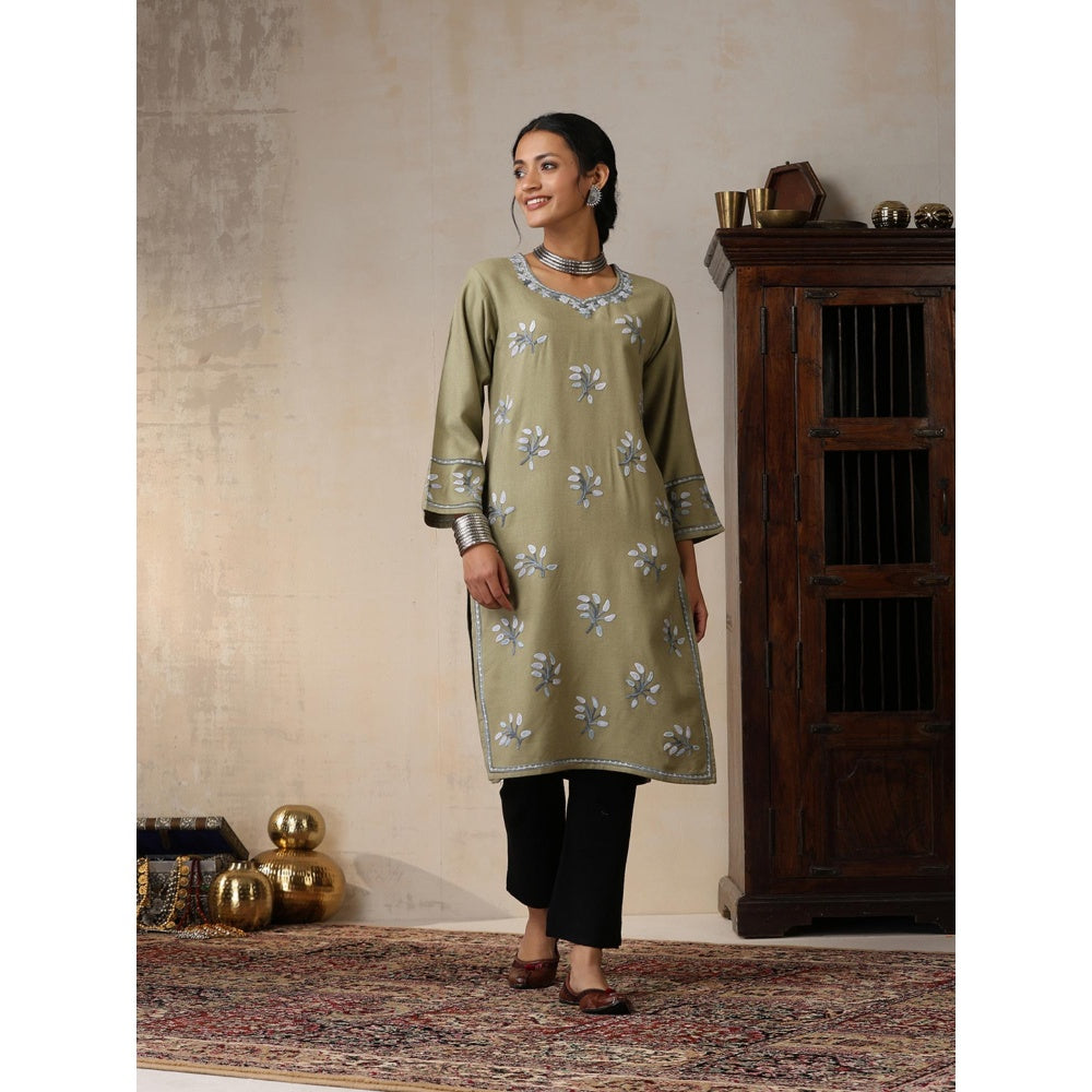 House of Chikankari Threadwork Embroidered Woollen Solid Long Kurta Olive