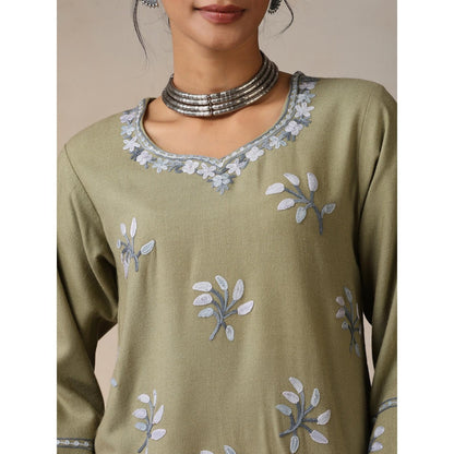 House of Chikankari Threadwork Embroidered Woollen Solid Long Kurta Olive