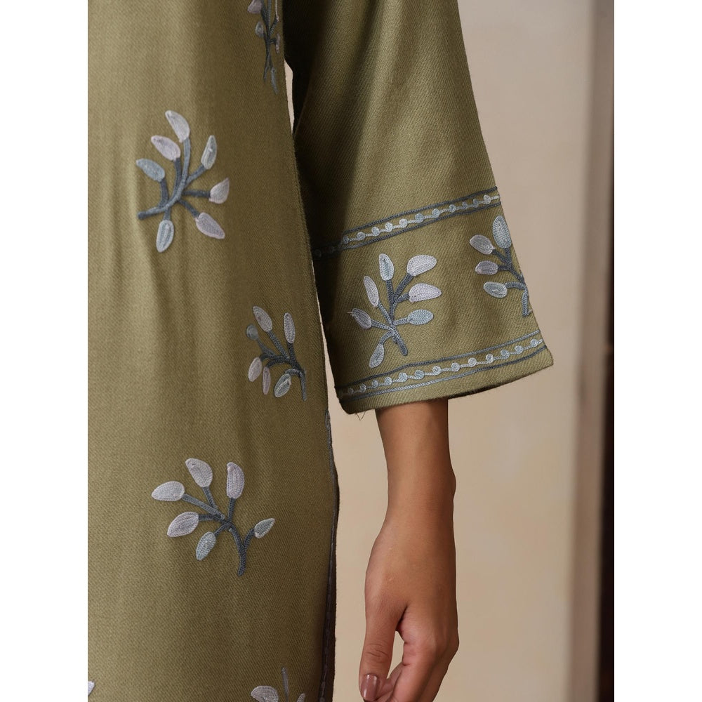 House of Chikankari Threadwork Embroidered Woollen Solid Long Kurta Olive