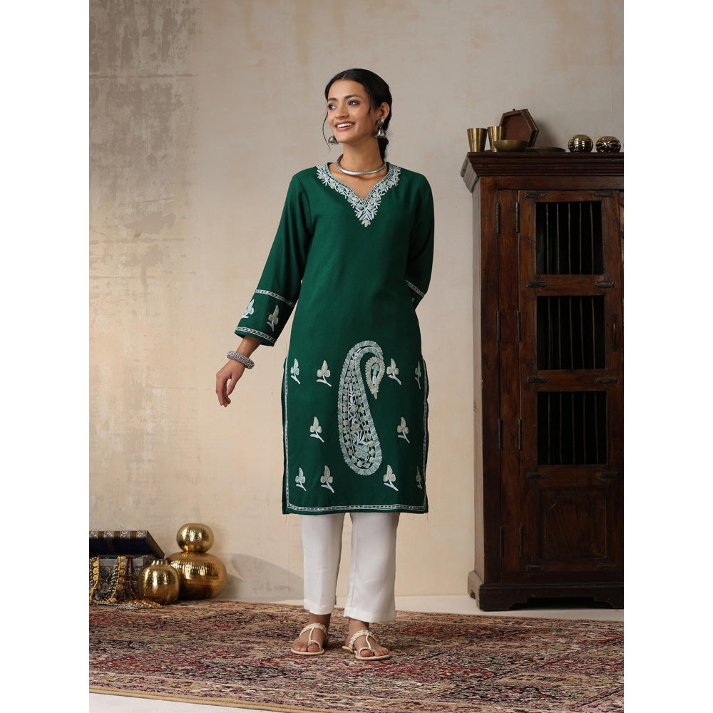 House of Chikankari Threadwork Embroidered Woollen Solid Long Kurta Green