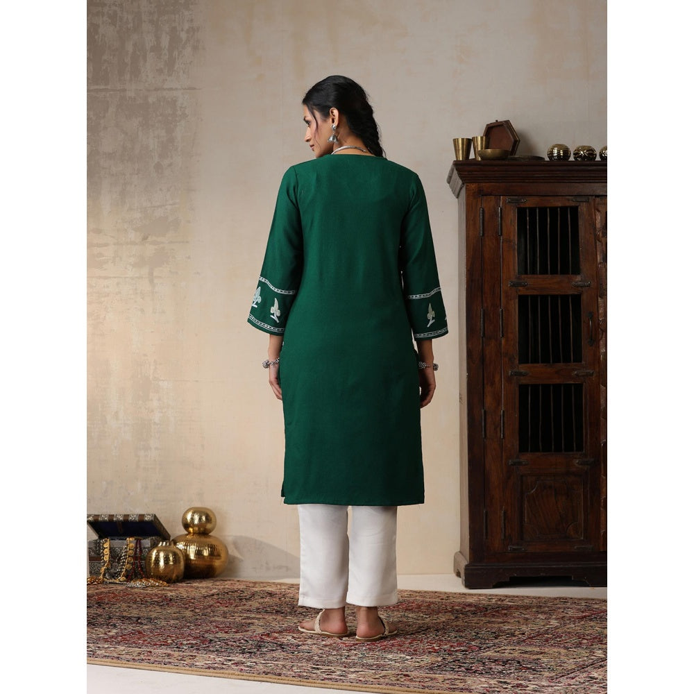 House of Chikankari Threadwork Embroidered Woollen Solid Long Kurta Green