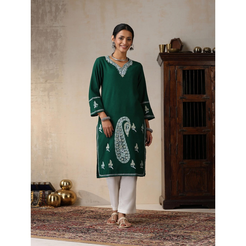 House of Chikankari Threadwork Embroidered Woollen Solid Long Kurta Green