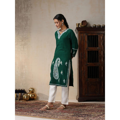 House of Chikankari Threadwork Embroidered Woollen Solid Long Kurta Green