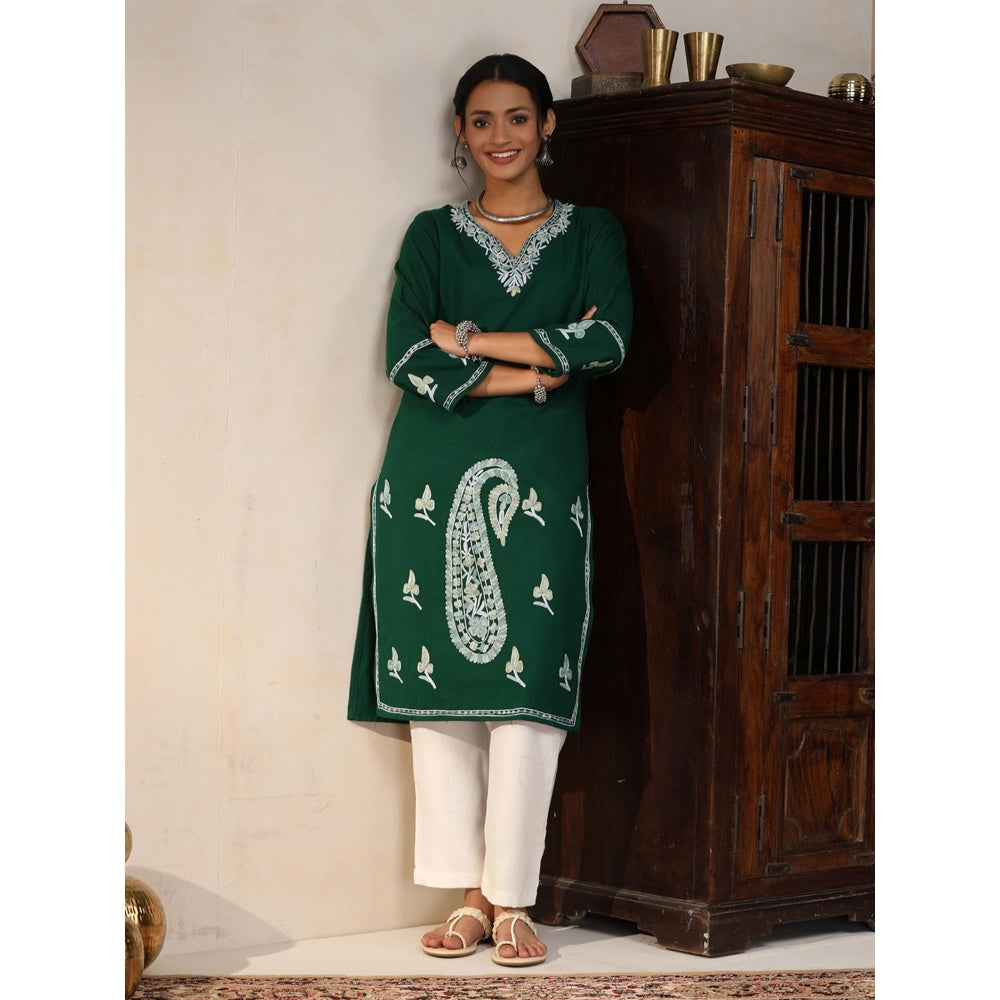 House of Chikankari Threadwork Embroidered Woollen Solid Long Kurta Green