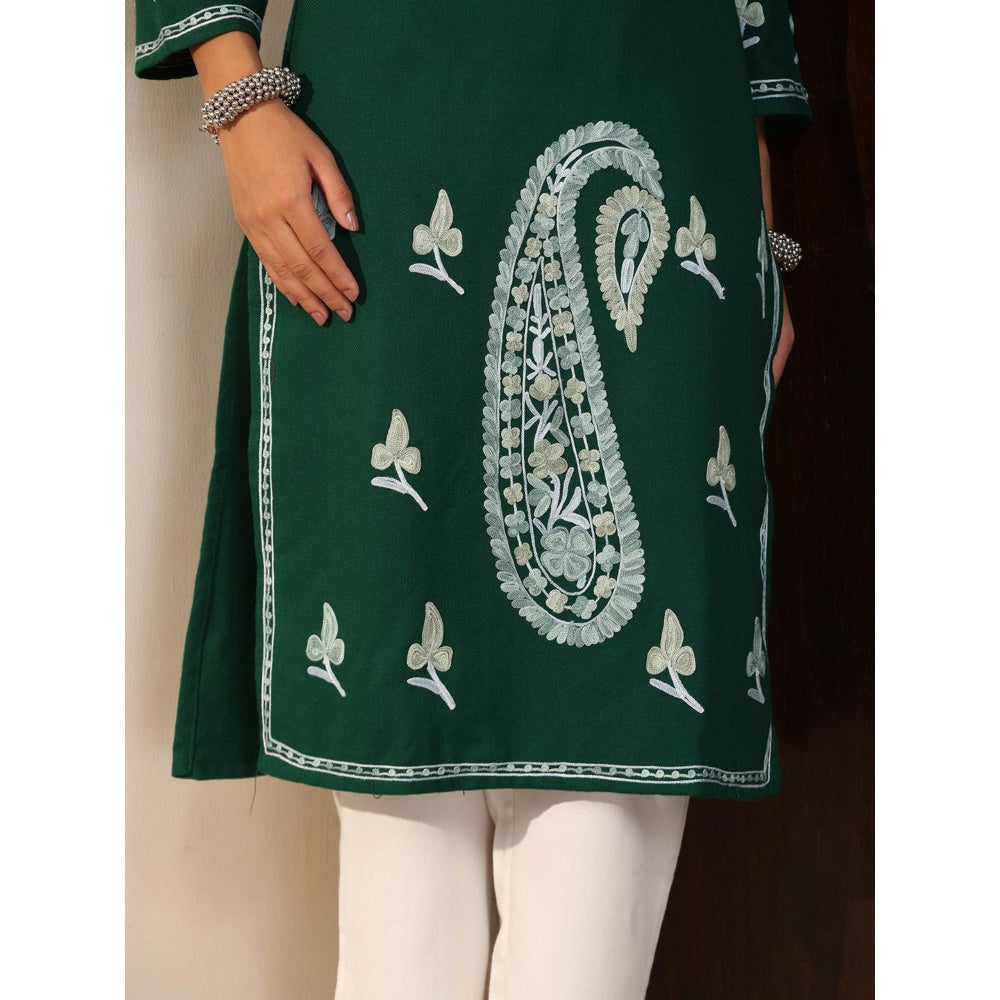 House of Chikankari Threadwork Embroidered Woollen Solid Long Kurta Green