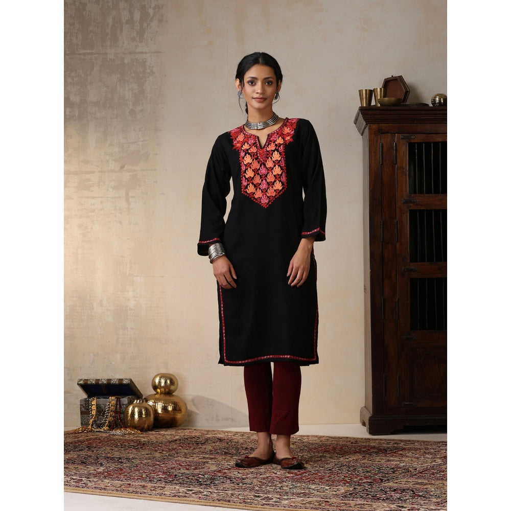 House of Chikankari Threadwork Embroidered Woollen Solid Long Kurta Black