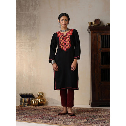 House of Chikankari Threadwork Embroidered Woollen Solid Long Kurta Black