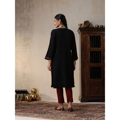 House of Chikankari Threadwork Embroidered Woollen Solid Long Kurta Black