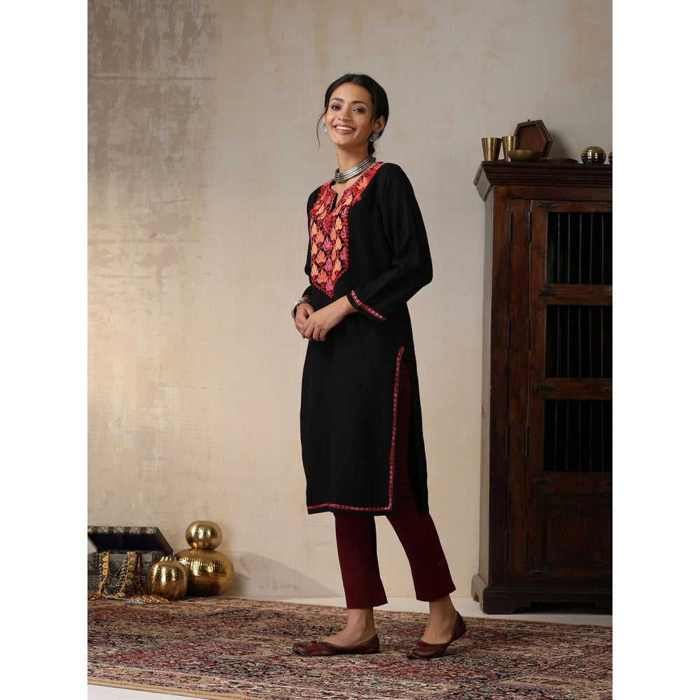House of Chikankari Threadwork Embroidered Woollen Solid Long Kurta Black