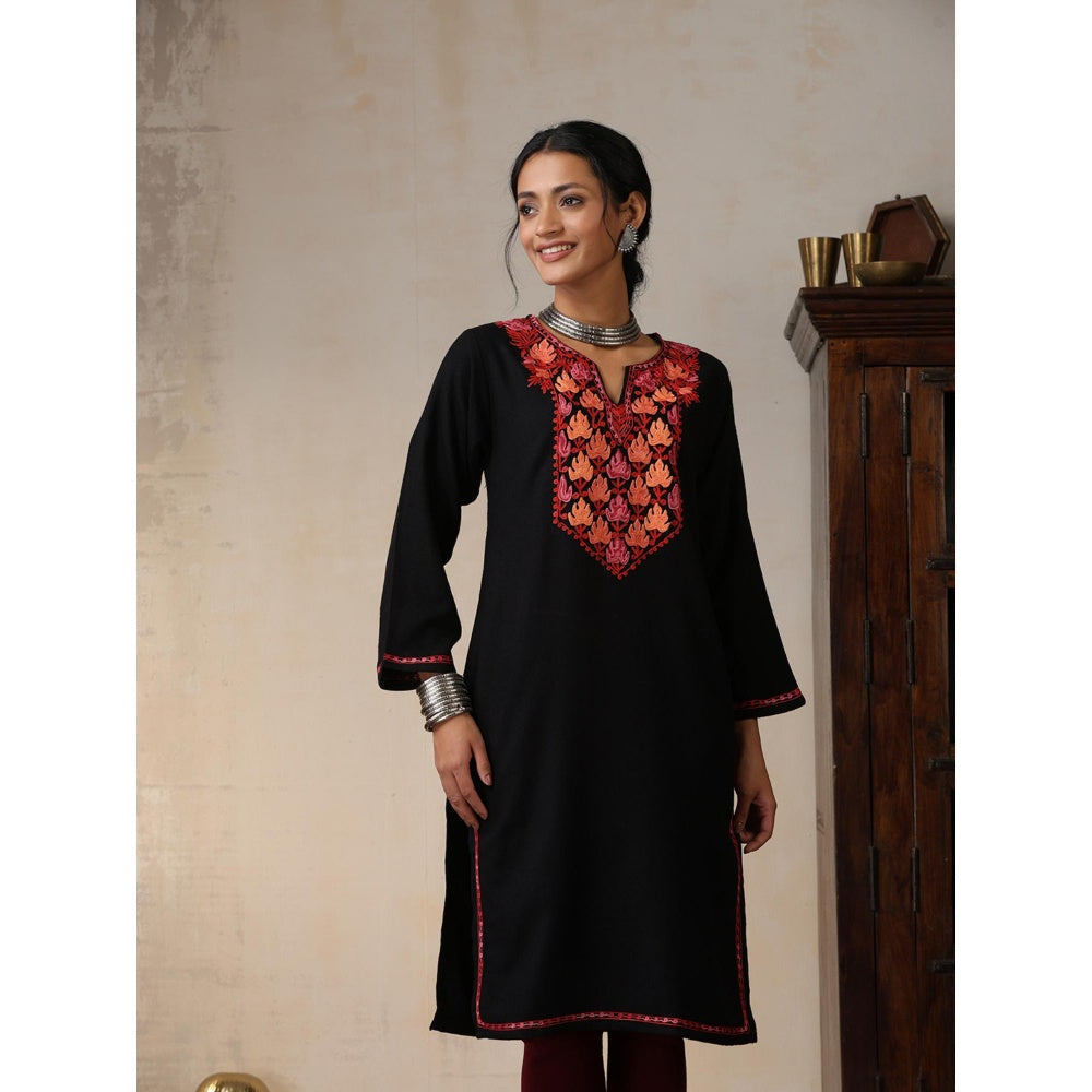 House of Chikankari Threadwork Embroidered Woollen Solid Long Kurta Black