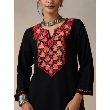 House of Chikankari Threadwork Embroidered Woollen Solid Long Kurta Black