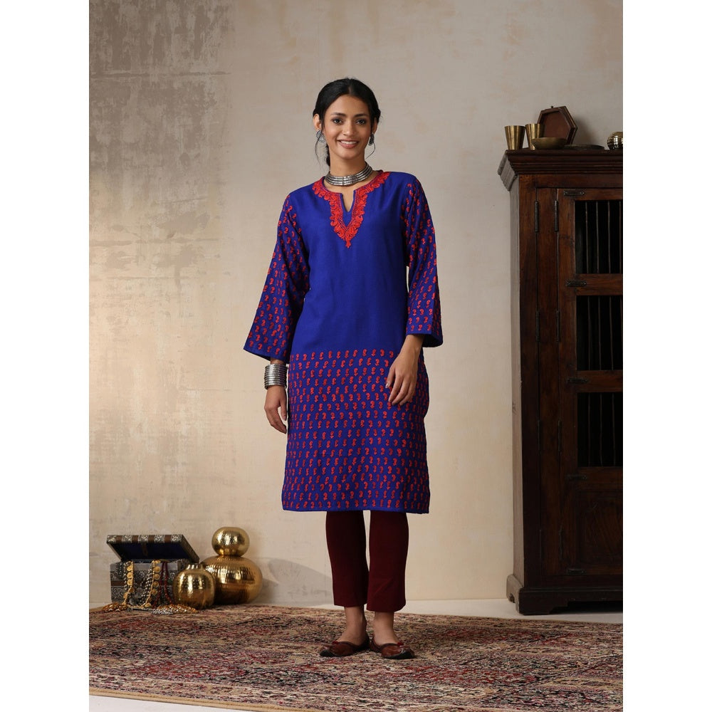 House of Chikankari Crafts Aari Embroidered Woollen Long Kurta - Royal Blue