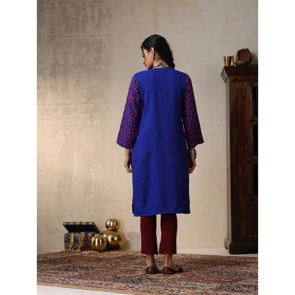 House of Chikankari Crafts Aari Embroidered Woollen Long Kurta - Royal Blue