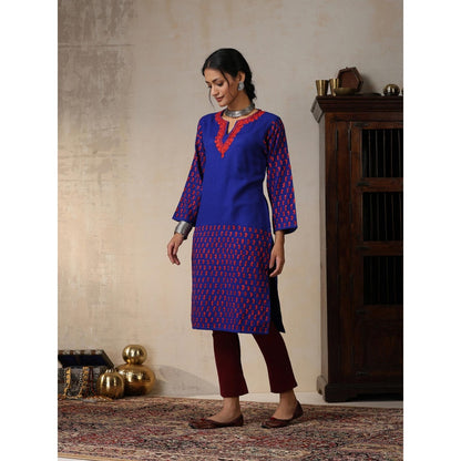 House of Chikankari Crafts Aari Embroidered Woollen Long Kurta - Royal Blue