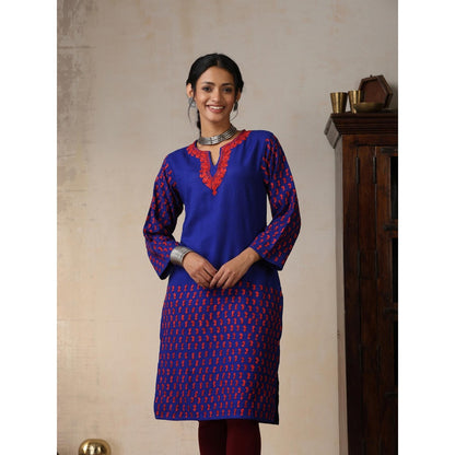 House of Chikankari Crafts Aari Embroidered Woollen Long Kurta - Royal Blue