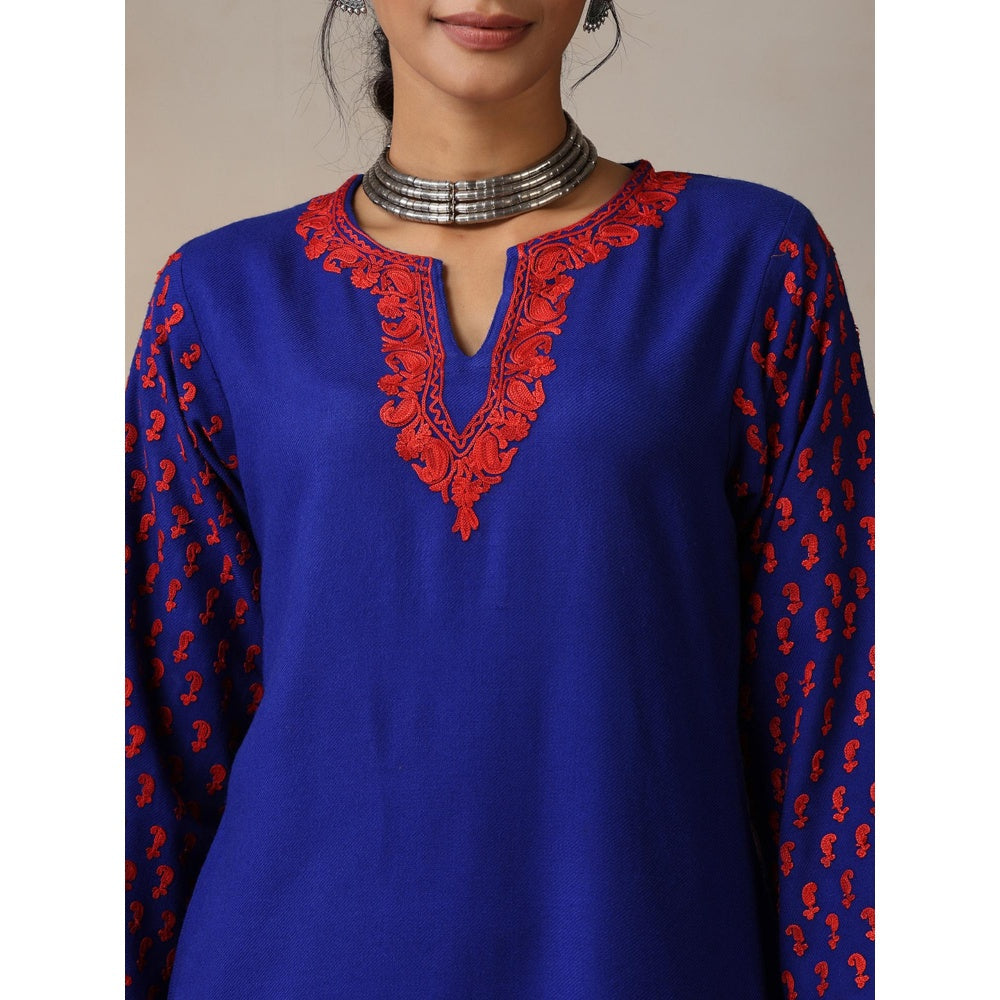 House of Chikankari Crafts Aari Embroidered Woollen Long Kurta - Royal Blue