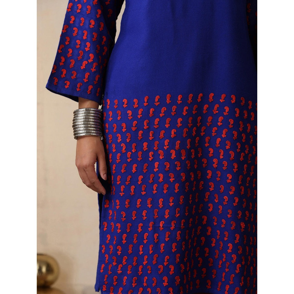 House of Chikankari Crafts Aari Embroidered Woollen Long Kurta - Royal Blue