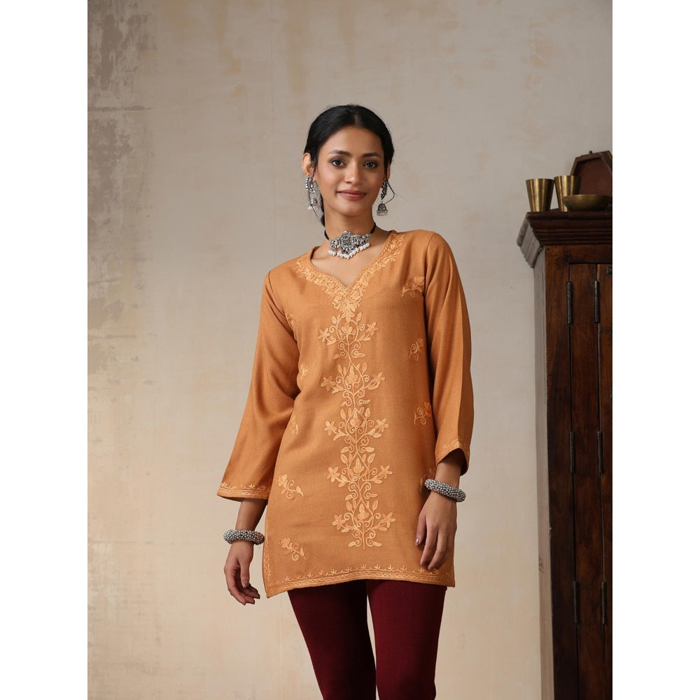 House of Chikankari Crafts Aari Embroidered Woollen Short Kurti - Brown