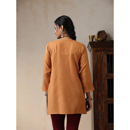 House of Chikankari Crafts Aari Embroidered Woollen Short Kurti - Brown