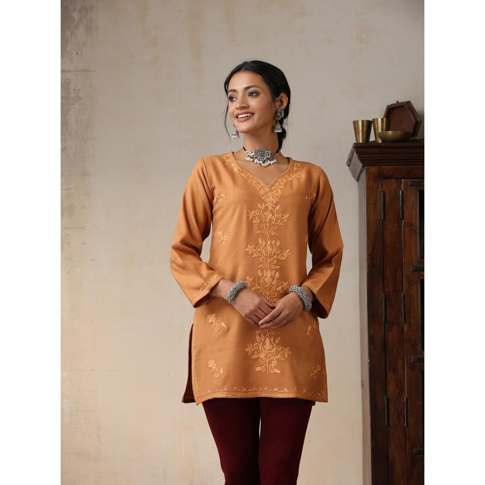 House of Chikankari Crafts Aari Embroidered Woollen Short Kurti - Brown