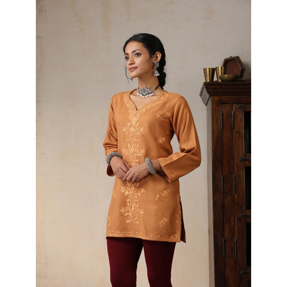 House of Chikankari Crafts Aari Embroidered Woollen Short Kurti - Brown