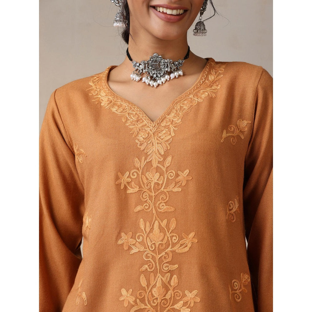House of Chikankari Crafts Aari Embroidered Woollen Short Kurti - Brown