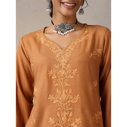 House of Chikankari Crafts Aari Embroidered Woollen Short Kurti - Brown