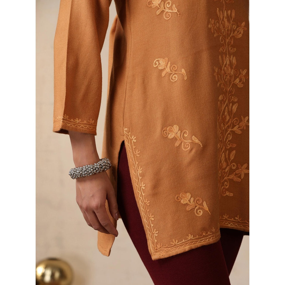 House of Chikankari Crafts Aari Embroidered Woollen Short Kurti - Brown