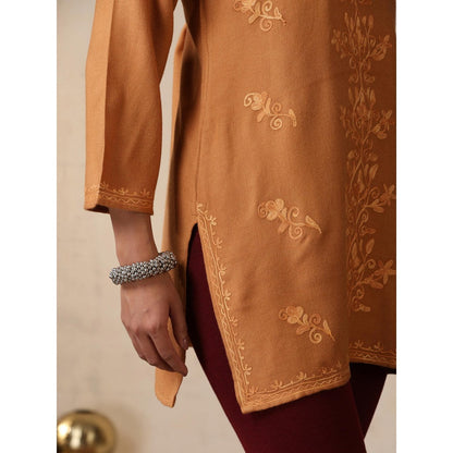 House of Chikankari Crafts Aari Embroidered Woollen Short Kurti - Brown