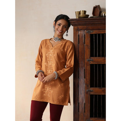 House of Chikankari Crafts Aari Embroidered Woollen Short Kurti - Brown