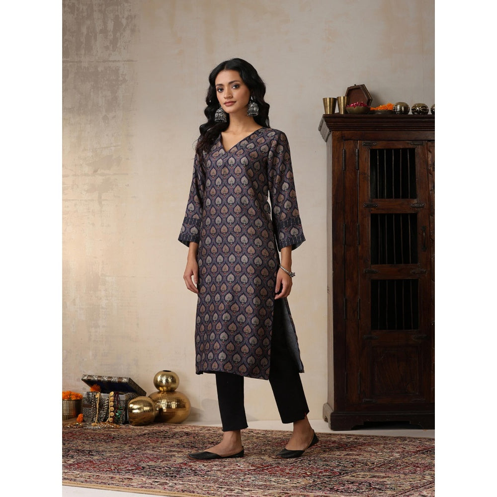 House of Chikankari Crafts Pashmina Printed Long Kurta - Navy Blue