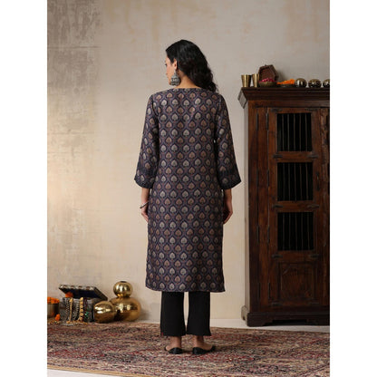 House of Chikankari Crafts Pashmina Printed Long Kurta - Navy Blue