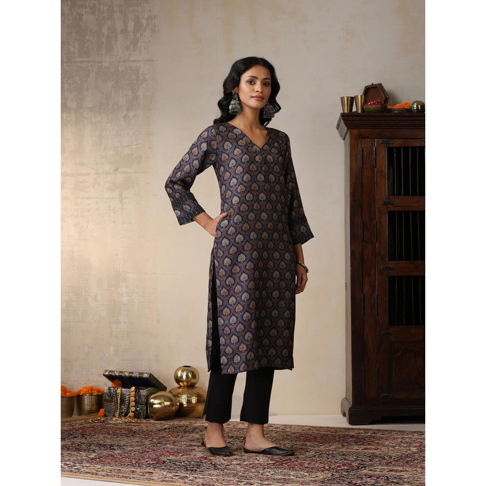 House of Chikankari Crafts Pashmina Printed Long Kurta - Navy Blue